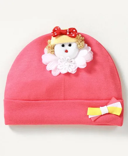 Babyhug 100% Cotton Cap Doll Applique Pink - Diameter 11 cm