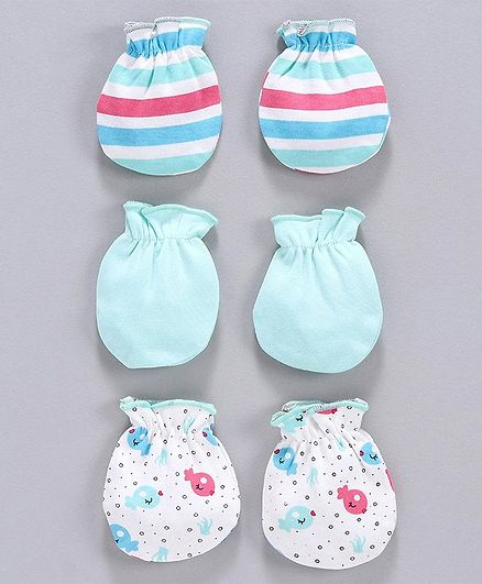 Babyhug Striped & Printed Mittens Set of 3 - Blue Green