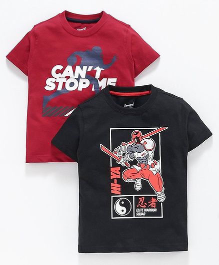 Smarty Half Sleeves Printed Tee Pack of 2 - Red Black