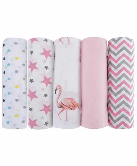haus & kinder 100% Cotton Muslin Swaddle Wrap Pack of 5 - Pink & White