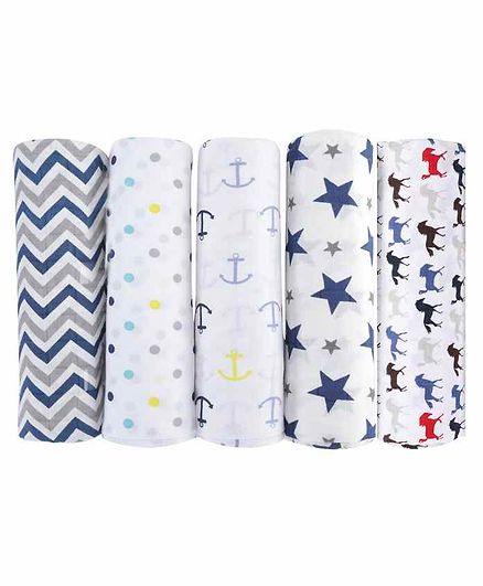 haus & kinder 100% Cotton Muslin Swaddle Wrap Pack of 5 - Blue & White