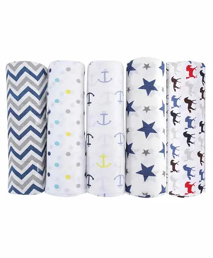 haus & kinder 100% Cotton Muslin Swaddle Wrap Pack of 5 - Blue & White