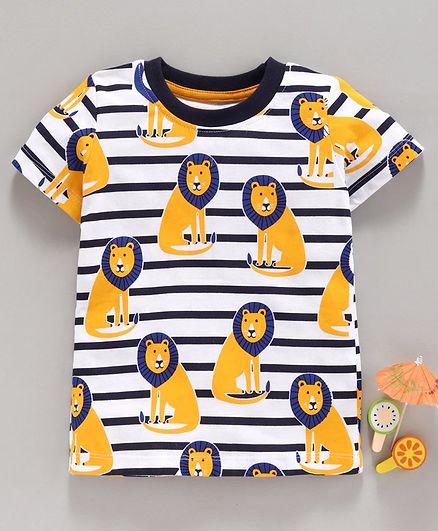 Kookie Kids Half Sleeves Striped Tee Lion Print - White