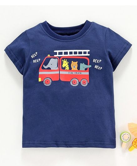 Kookie Kids Half Sleeves Tee Fire Truck Print - Navy Blue