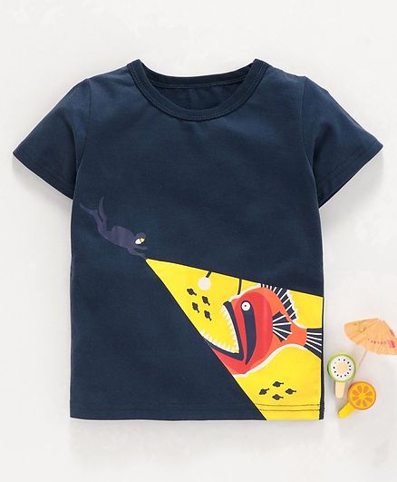 Kookie Kids Half Sleeves Tee Under Water Print - Navy Blue