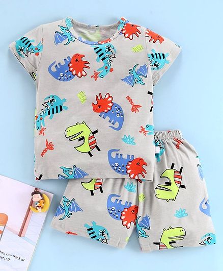 Kookie Kids Half Sleeves Night Suit Allover Print - Grey