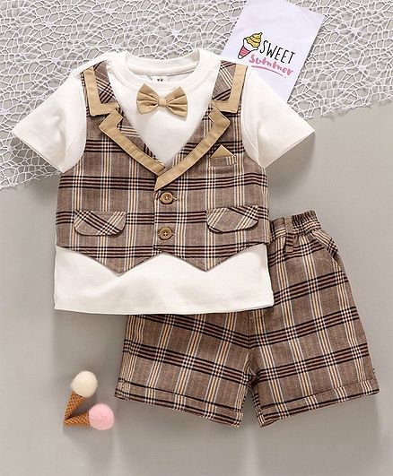 ToffyHouse Party Wear Half Sleeves Tee with Attached Waistcoat and Check Shorts - Brown White