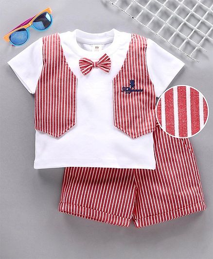 ToffyHouse Party Wear Half Sleeves Tee Shorts with Attached Waistcoat & Bow - Red White