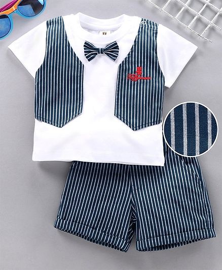 ToffyHouse Party Wear Half Sleeves Tee Shorts with Attached Waistcoat & Bow - Navy Blue White