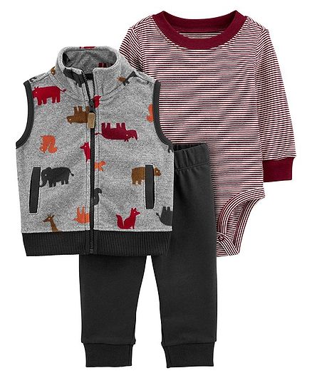 Carter's Piece Woodland Animal Little Vest Set - Grey Red