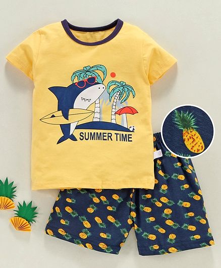 Kookie Kids Half Sleeves Night Suit Shark Print - Yellow Navy Blue