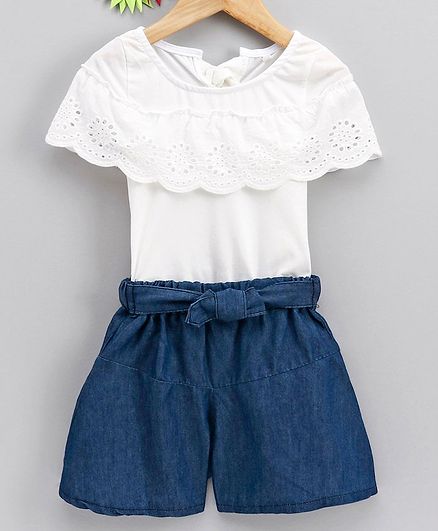 Kookie Kids Short Sleeves Hakoba Top with Denim Shorts - White Blue