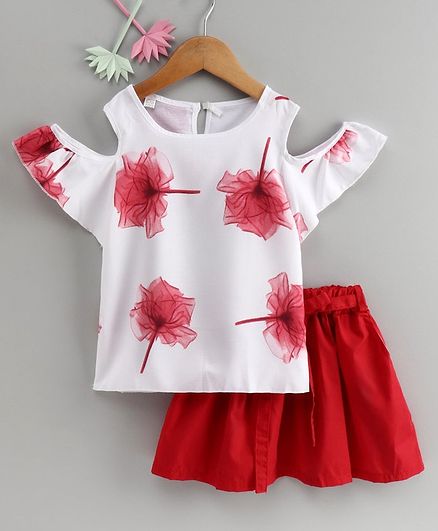 Kookie Kids Cold Shoulder Top With Skirt Flower Print - White Red
