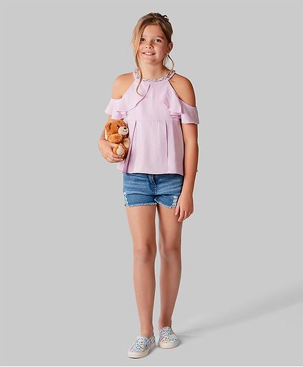 One Friday Flower Embroidered Neckline Cold Shoulder Half Sleeves Peplum Top - Pink