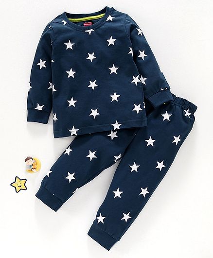 Babyhug Full Sleeves Night Suit Star Print - Navy Blue