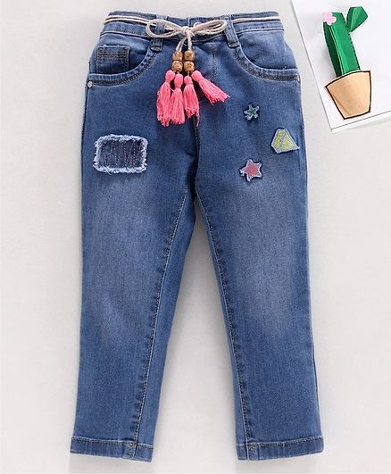 Babyhug Full Length Denim Jeans Star & Diamond Patch - Blue