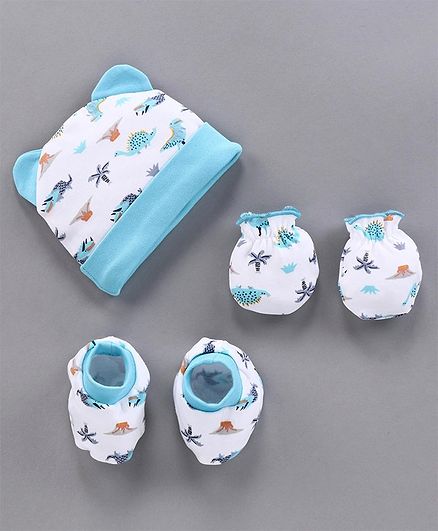Babyhug 100% Cotton Cap & Mittens With Booties Set With 3D Ears - Blue