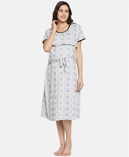 Goldstroms All Over Stars Printed Half Sleeves Nursing Nighty - Grey