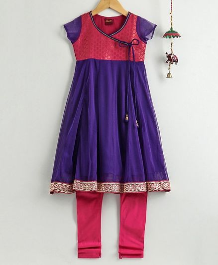Twisha Cap Sleeves Brocade Yoke Kurta With Churidar - Purple Pink