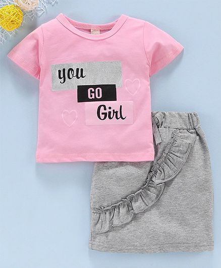 Kookie Kids Half Sleeves Tee & Ruffled Skirt Text Print - Pink Grey