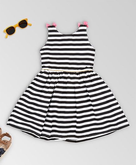 oui oui Sleeveless Striped Bow Detailed Dress - Black