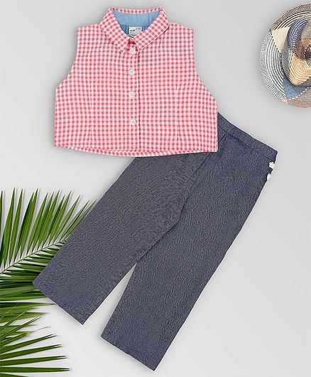 oui oui Sleeveless Gingham Checked Crop Top With Pants - Pink Grey