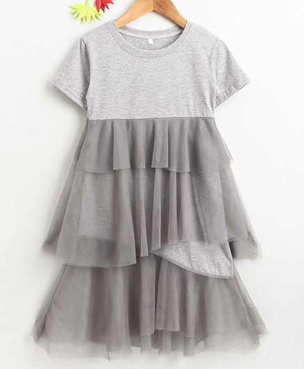 Kookie Kids Half Sleeves Solid Net Frock - Grey