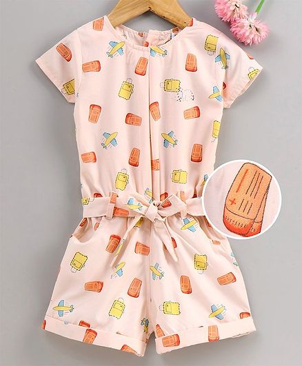 Dew Drops Half Sleeves Jumpsuit Aeroplane Print - Peach