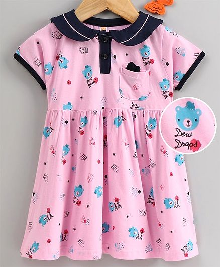 Dew Drops Short Sleeves Frock Bear Print - Pink