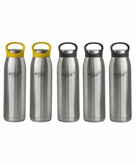 Sizzle Stainless Steel Water Bottle Grey & Yellow Set of 5 - 900 ml Each
