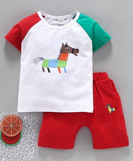 Kookie Kids Half Sleeves Tee & Shorts Horse Print - Red White