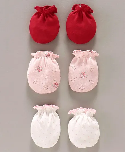 Ben Benny Polka Dots & Floral Printed Mittens Set of 3 Pairs - Red Pink White