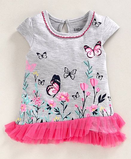 Babyoye Cap Sleeves Top Butterfly Print - Grey