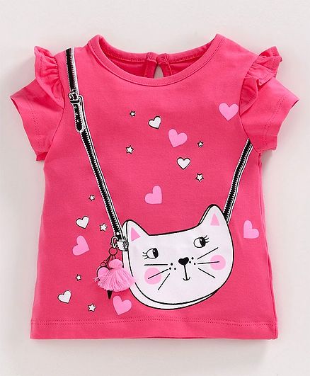 Babyoye Cotton Half Sleeves Tee Kitty Print - Pink