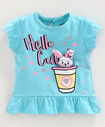 Babyoye Cotton Short Sleeves Top Hello Cute Print - Blue