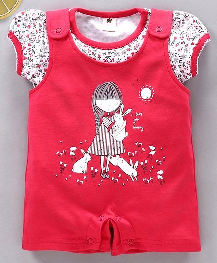 ToffyHouse Dungaree style Romper with Puff Sleeves Top Doll Print - Red White