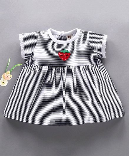 Toffyhouse Half Sleeves Striped Frock Strawberry Embroidery - Navy Blue White