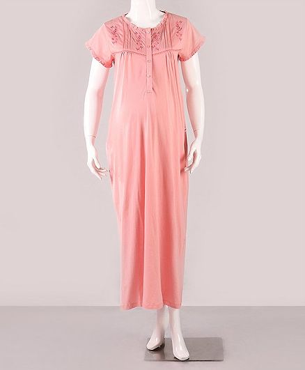 Kriti Short Sleeves Maternity Nighty Floral Embroidery - Peach
