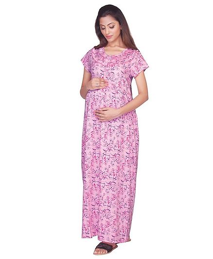 Kriti Short Sleeves Maternity Nighty Floral Print - Pink