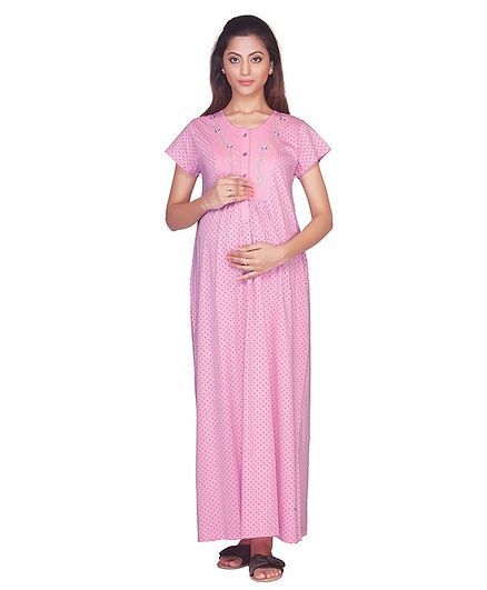 Kriti Short Sleeves Maternity Nursing Nighty Floral Embroidery - Pink