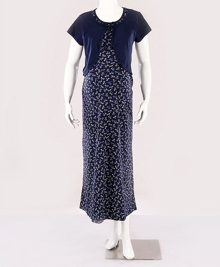 Kriti Short Sleeves Maternity Nighty Dragon Fly Print - Navy Blue
