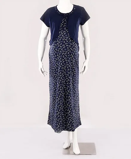 Kriti Short Sleeves Maternity Nighty Dragon Fly Print - Navy Blue