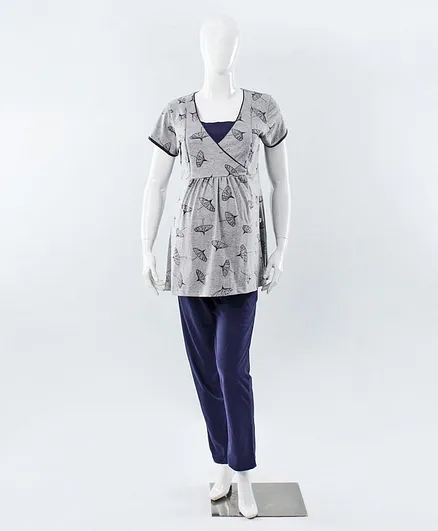 Kriti Half Sleeves Maternity Nursing Night Suit Umbrella Print - Grey Blue