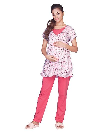 Kriti Half Sleeves Maternity Night Suit Floral Print - Pink