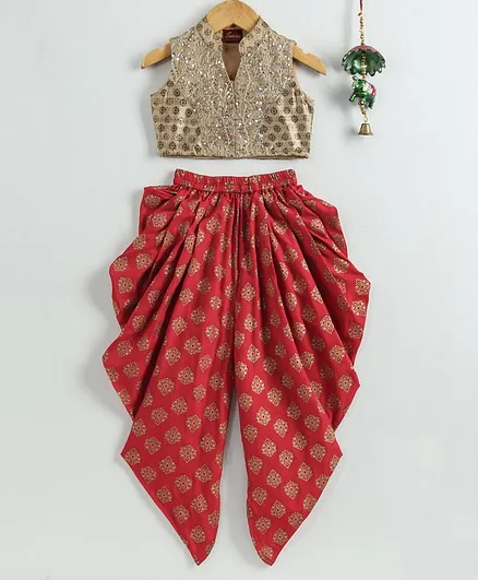 Twisha Sleeveless Sequin Detailed Crop Top With Motif Print Dhoti - Beige Red
