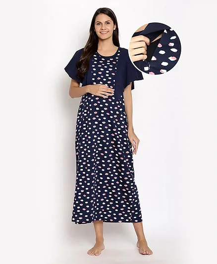 Kriti Half Sleeves Maternity Nighty Dots Print - Blue