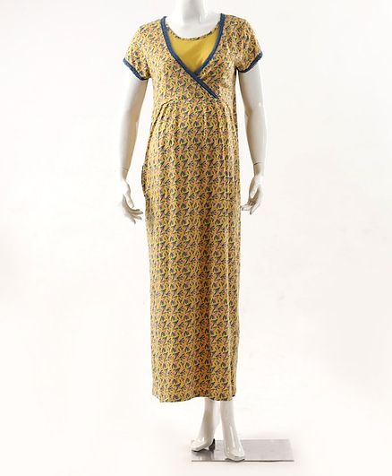 Kriti Short Sleeves Maternity Nighty Floral Print - Yellow