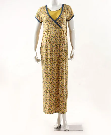 Kriti Short Sleeves Maternity Nighty Floral Print - Yellow