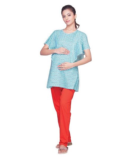 Kriti Short Sleeves Maternity Top with Bottom Zig Zag Print - Blue