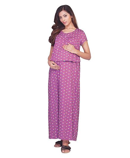 Kriti Half Sleeves Maternity Nighty Floral Print - Purple